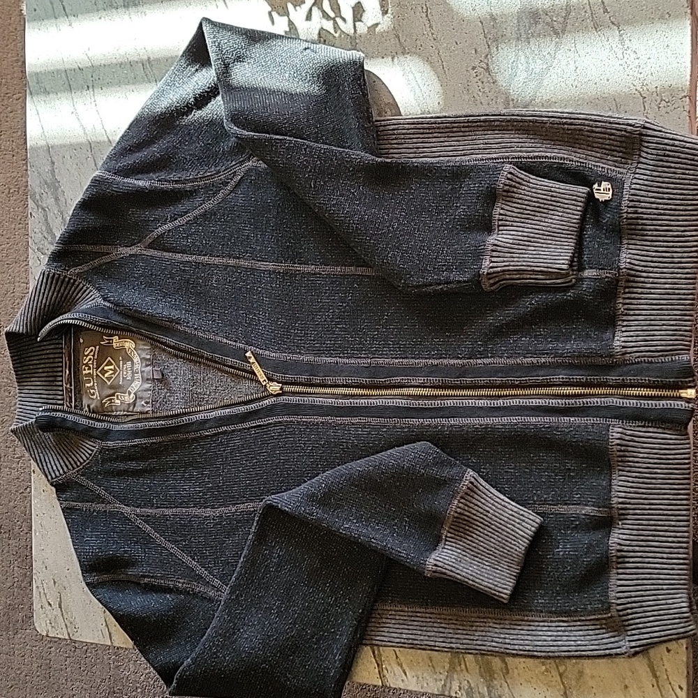 GUESS Men's Full Zip 100% Cotton Ribbed and Knit Sweater Gray size M